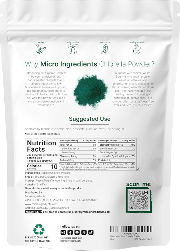 Micro Ingredients Organic Chlorella Powder 20 Ounces | Broken Cell Wall for Complete Absorption | Raw Superfood Supplement Rich in Protein &amp Vitamins | Non-GMO Vegan Non-Irradiated