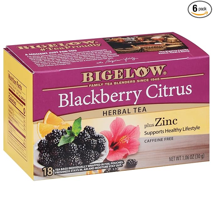 Bigelow Tea Blackberry Citrus Plus Zinc Herbal Tea Caffeine Free Tea with Blackberry 18 Count Box (Pack of 6) 108 Total Tea Bags