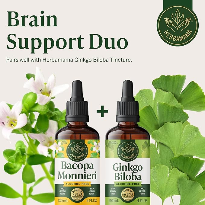 HERBAMAMA Bacopa Monnieri Supplement - Vegan Brain Focus and Clarity Support with Bacopa Extract Tincture - Non-GMO Alcohol &amp Sugar-Free Brahmi Herb Drops 168-Day Supply