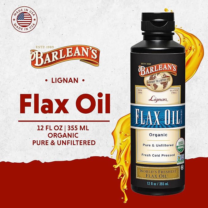 Barlean's Organic Lignan Flaxseed Oil Liquid Supplement from Cold Pressed Flax Seeds 7230 mg ALA Omega-3 Fatty Acids for Healthy Hair Skin and Eyes Gluten Free 12 oz