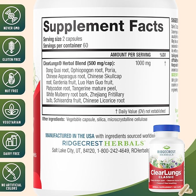 RidgeCrest Herbals ClearLungs Classic Daily Health Supplement Natural Lung and Nasal Wellness Formula for Bronchial Respiratory Immune Sinus and Mucus Support (120 Vegan Caps 60 Serv)