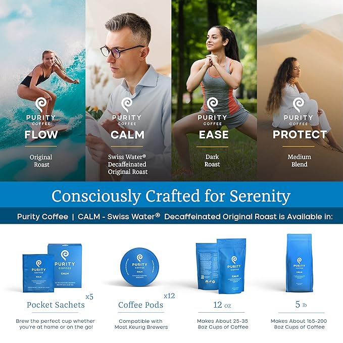 Purity Coffee CALM Decaf Medium Roast K Pod Capsules (12ct Box) | Specialty-Grade USDA Organic Mountain Water Process Decaffeinated Blend | Third Party Tested for Mold Mycotoxins &amp Pesticides