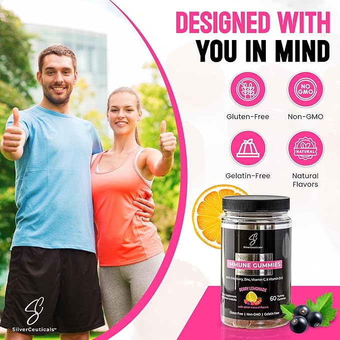 Immune Gummies - Sambucus Elderberry - Vitamin C &amp D - Zinc - Save Your Sick Days - Kids &amp Adults - Safe Ages 4 &amp Up - Nano Colloidal Silver - Gluten &amp Gelatin Free Non-GMO - Berry Lem