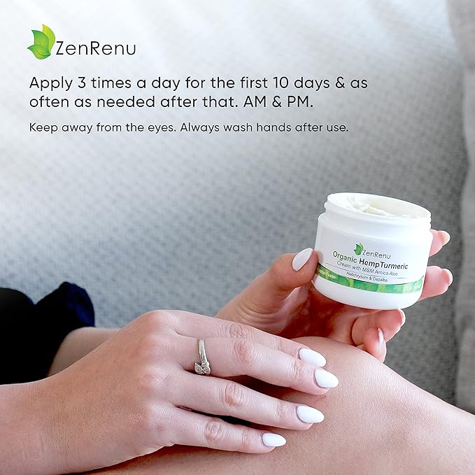 Zenrenu Organic Hemp Turmeric Cream with Arnica MSM Hemp Oil Extract &amp 7 Essential Oils - Non Greasy &amp Fast Absorbing for Any Areas of Discomfort 4 oz