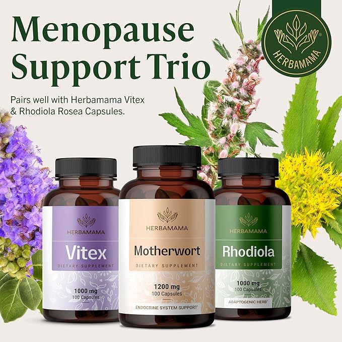 HERBAMAMA Motherwort Capsules – Natural Menopause Supplements* for Women – 1200mg Motherwort Herb Powder per Serving for Women's Mood &amp Calm Support – Vegan Non-GMO – 50-Day Supply