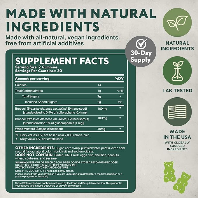 NeuroBrocc Sulforaphane Supplement Gummies – Broccoli Sprout Extract – Vegan Friendly Green Apple Flavor – Broccoli Seed Extrac for Kids and Adults - 60 Gummy Bears