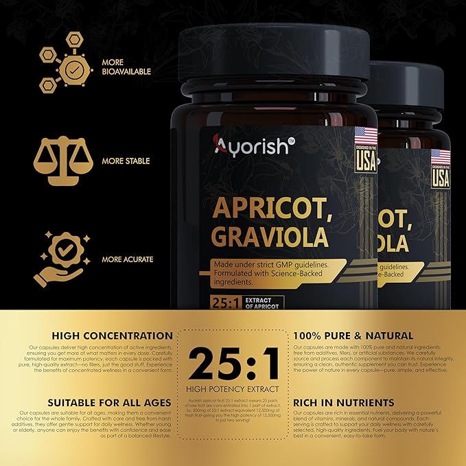 Apricot 500 mg with Soursop Graviola Extract Capsule - 120 Veggie Capsules 60 Servings Non-GMO Vegan