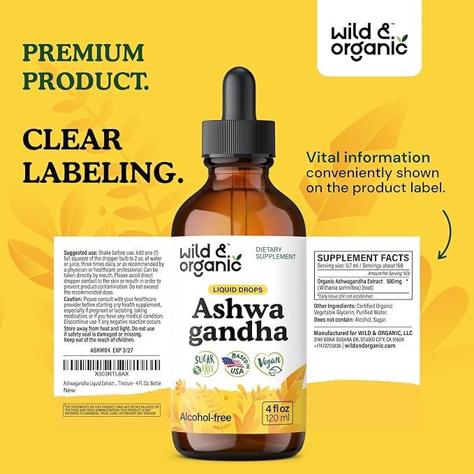 Wild &amp Organic Ashwagandha Drops - Mood Support Supplement w/Ashwagandha Root Extract - Liquid Drops for Calm Mind - Relaxation Supplements - Sugar &amp Alcohol-Free - 4 fl oz
