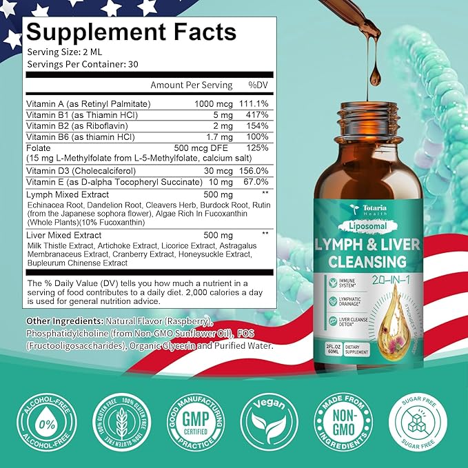 Totaria Strongest ''Lymph-Liver'' Cleanse Detox Liposomal Organic Milk Thistle Echinacea Artichoke Lymphatic Drainage &amp Liver Repair Supplement with All Vitamins 2 Fl.Oz