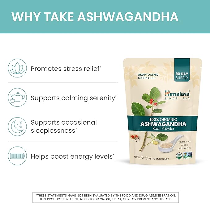 Himalaya 100% USDA Certified Organic Ashwagandha Root Powder Herbal Supplement Supports Relaxation Stress Relief Energy Occasional Sleeplessness Non-GMO Vegan Flavorless 7.9 Oz Bag