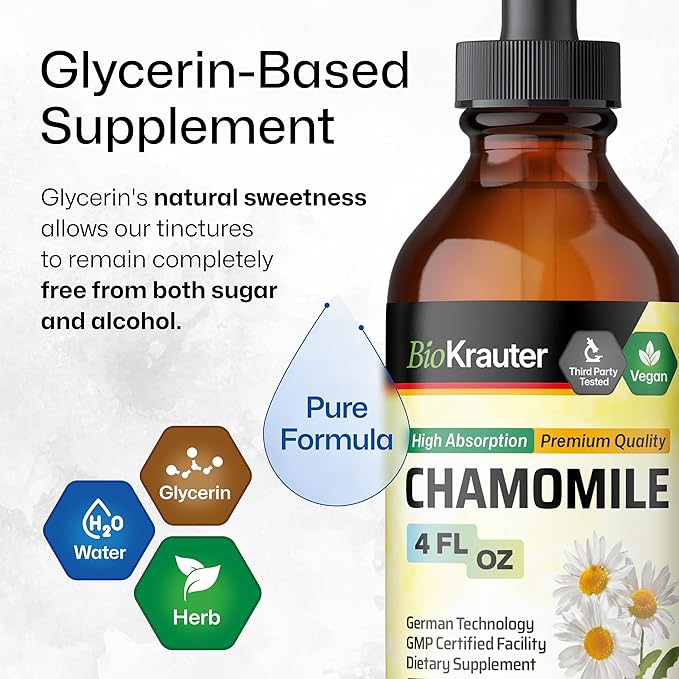 BIO KRAUTER® Chamomile Extract - Liquid Drops Pure Vegan Chamomile Supplement 670 mg per Serving 4 Fl.Oz 56-Day Supply - Used for Calm &amp Relax - Alcohol &amp Sugar Free - Natural Calm &amp Sleep
