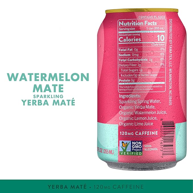 Organic Sparkling Watermelon Yerba Mate Tea Unsweetened by Tama Tea - Sugar Free Energy Drink Alternative 120mg Natural Caffeine 12 oz (12-Pack)