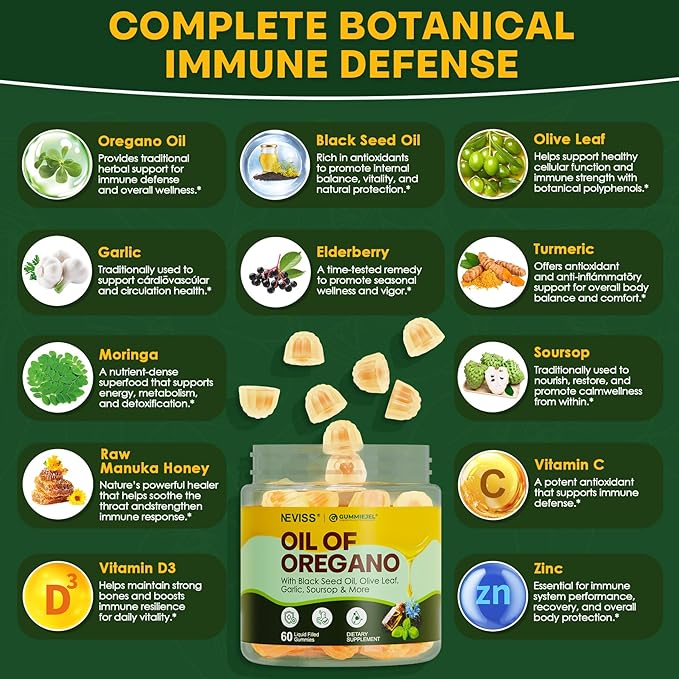 Oil Of Oregano with Black Seed Oil Filled Gummies 12 IN 1 Oregano Oil Supplement for Immune &amp Digestive w/ High Carvacrol &amp Thymoquinone Olive Leaf Aceite de Orégano Cápsulas Replacement 6