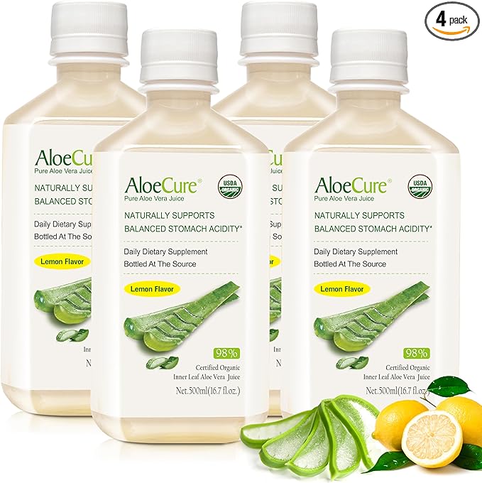 AloeCure USDA Organic Aloe Vera Juice Lemon Flavor - Made Within 12 Hours of Harvest - Natural Digestive Supplement for Balanced Stomach Acidity - Support Digestive and Immune Health 4 Btls x 16.7oz