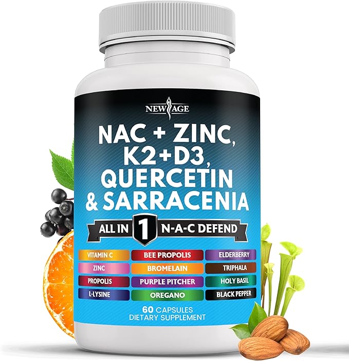NEW AGE NAC Supplement N-Acetyl Cysteine- with Vitamin D3 K2 Zinc Quercetin Triphala Sarracenia Purpurea Elderberry Holy Basil Bee Propolis Bromelain L-Lysine - 60 Count
