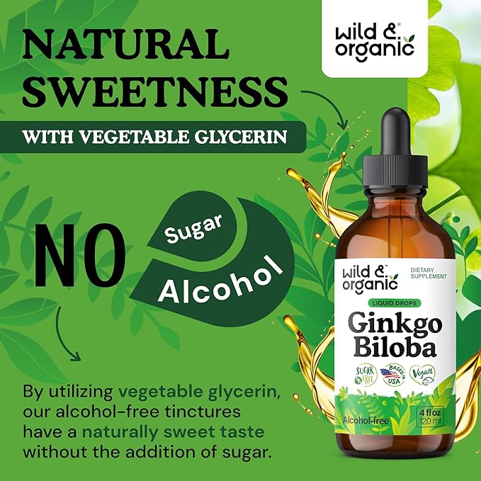 Wild &amp Organic Ginkgo Biloba Extract Drops - Brain &amp Focus Support - Liquid Ginkgo Biloba Supplements - Vegan Sugar &amp Alcohol-Free Herbal Tincture - 4 fl oz