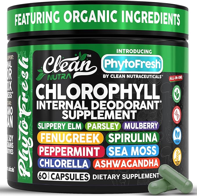Clean Nutra Chlorophyll Capsules Supplement Internal Deodorant Peppermint Sea Moss Parsley Chlorella Spirulina Slippery Elm Ashwagandha PhytoFresh Greens Detox Pills