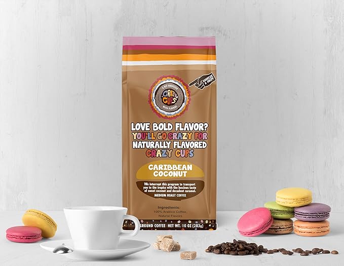 Crazy Cups Flavored Ground Coffee Caribbean Coconut in 10 oz Bags For Brewing Flavored Hot or Iced Coffee 3 Pack
