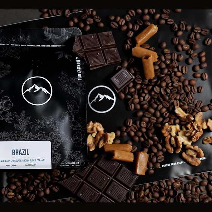 PURE EARTH COFFEE CO. Whole Bean Coffee Brazil Single-Origin Beans Dark Roast Bold Gourmet Specialty Grade Coffee Chocolate Walnut Bold and Smooth Flavor Notes 12oz