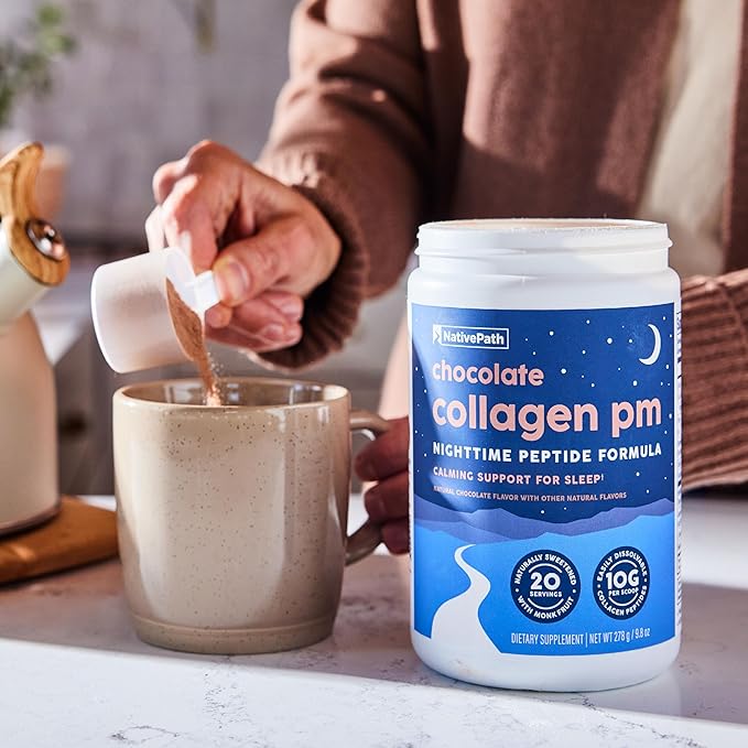 NativePath Collagen PM - Chocolate Nighttime Collagen Peptides Powder with Magnesium GABA L-Theanine and Melatonin - 20 Servings