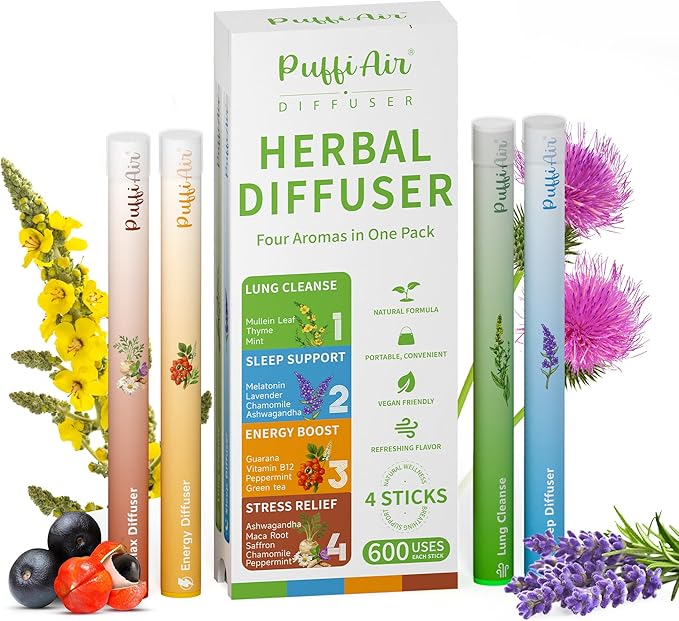 Herbal Diffuser Quartet Lung Sleep Energy &amp Relax Diffuser with Extract of Mullein Melatonin Natural Caffeine and Chamomile 100% Natural Swap Complete Wellness Quartet 600 Uses Each