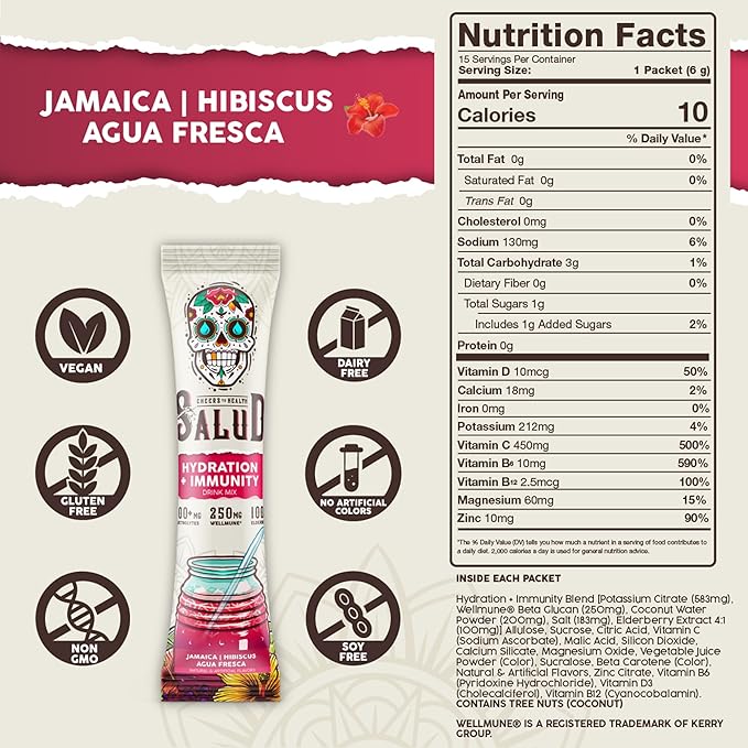 Salud 2-in-1 Hydration Packets + Immunity Electrolytes Powder Hibiscus - Jamaica Agua Fresca Drink Mix Elderberry Dairy &amp Soy Free Non-GMO Gluten Free Vegan Low Calorie 1g Sugar (15 Servin