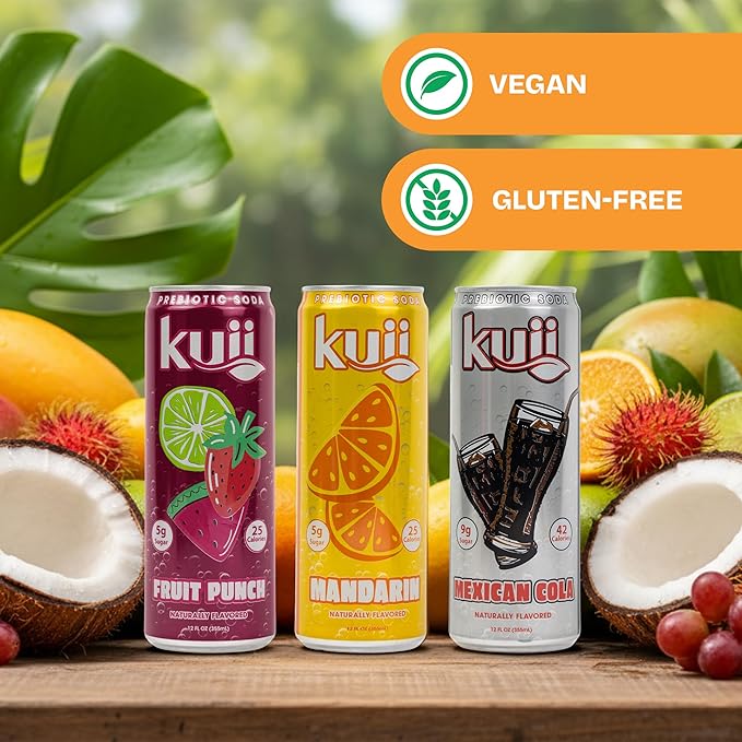 Kuii Prebiotic Soda Variety Pack – 12 Count with Mexican Cola Mandarin &amp Fruit Punch Flavors – Sparkling Gut-Friendly Drinks for Refreshing Guilt-Free Hydration 12 fl oz Cans