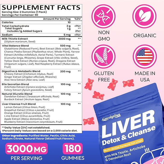 Liver Detox Cleanse &amp Repair 2000mg Milk Thistle Liver Detox  Herbal Liver Support Supplement with Beetroot Dandelion Root Turmeric Glutathione for Gut Health Metabolism Energy 180 Gummies
