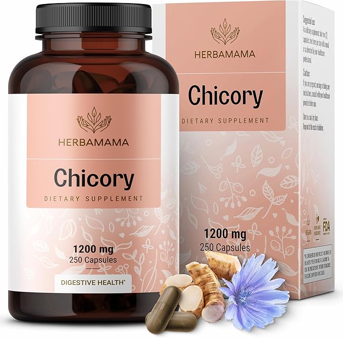 HERBAMAMA Chicory Root Fiber Capsules - 1200mg Chicory Root Powder for Gut Cleanse &amp Digestive Support - Vegan Non-GMO Inulin Prebiotic Fiber Supplement