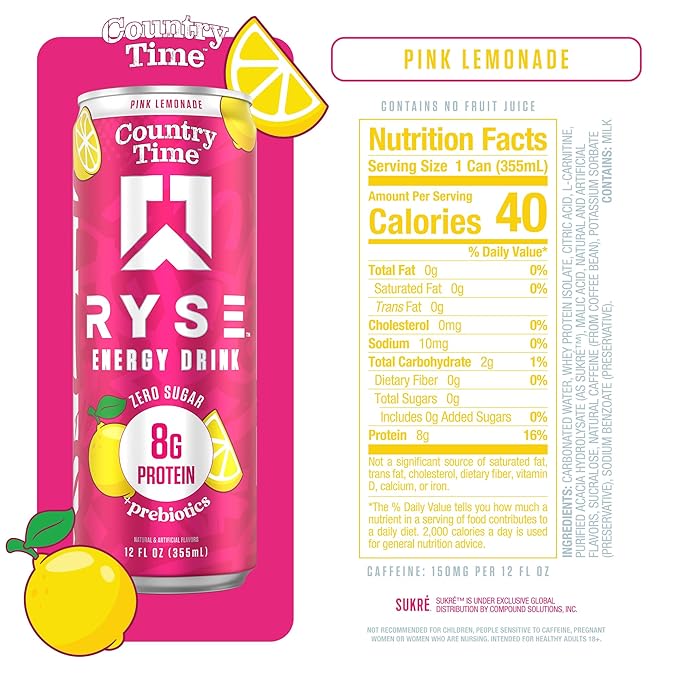 RYSE Functional Energy Drink - Country Time Pink Lemonade - 150mg Natural Caffeine 8g Whey Protein &amp 1g Prebiotics - Sugar Free Gut-Friendly Bloat-Free - 12 fl oz Cans (12-Pack)