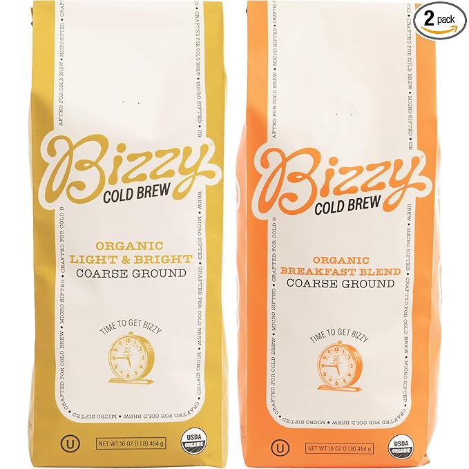 Bizzy Organic Cold Brew Coffee | Bundle | Coarse Ground Coffee | Light &amp Bright 1 LB + Breakfast Blend 1 LB | 2 Pack