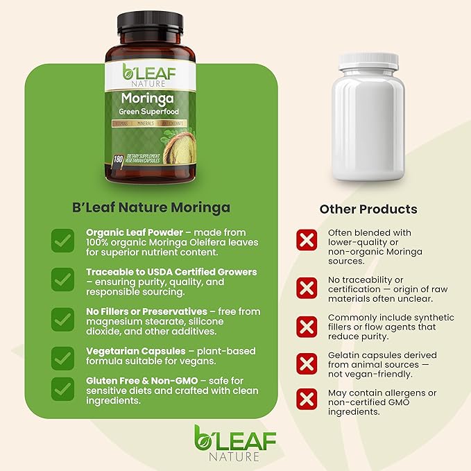 B’Leaf Nature 100% Pure Organic Moringa Oleifera Leaf Powder Capsules I Immune Support I 1000mg per serving I Gluten-Free Non-GMO I Superfood w/ Essential Vitamins &amp Amino Acids I 180 Veggie Capsu