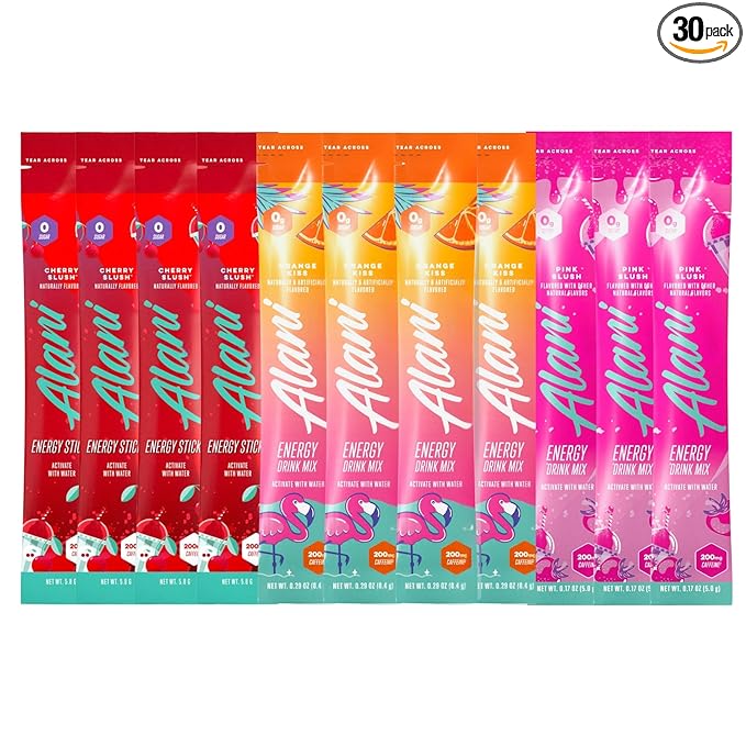 Alani_Nu Energy Drink Mix Variety Pack – 30 Count Instant Powder Sticks Value Pack 200mg Caffeine 0g Sugar 3 Flavors (Orange Kiss Cherry Slush &amp Pink Slush)