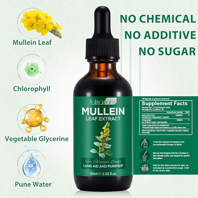 Mullein Leaf Extract for Lungs Mullein Drops for Lungs Support Lung Respiratory Function for Healthy Breathing Improvement in Pulmonary Function Natural &amp Safe Supplement (2 PC)