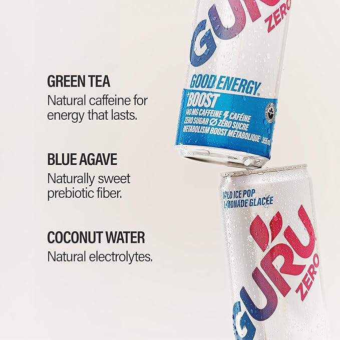 GURU ZERO SUGAR Organic Energy Drinks Variety Pack Clean Energy Drink with Plant Based Natural Caffeine from Green Tea Coconut Water Prebiotic Zero Added sugars Gluten Free and Vegan Pre Workout