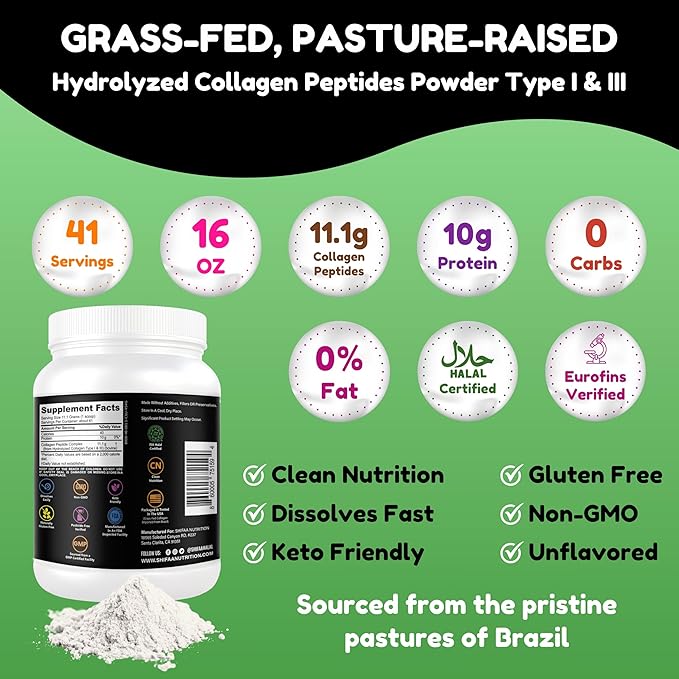 Halal &amp Grass Fed Collagen Peptides Powder 1 lb. 16oz Unflavored Hydrolyzed Collagen Peptides Powder Type I &amp Type III for Hair Skin Nails &amp Joints | Keto &amp Paleo Friendly | Sugar &a