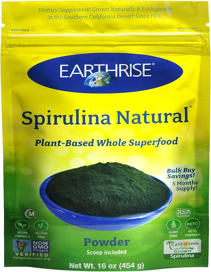 Earthrise Spirulina Natural Powder 16oz Natural Premium Spirulina from California- Vegan Gluten Free Keto Friendly Non -GMO Super Food high in Vitamins &amp Minerals. (1 LB)