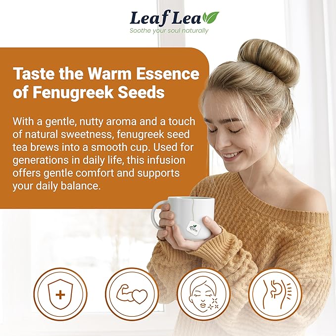 LeafLea 80 Premium Fenugreek Tea Bags Natural Fenugreek Seed for Toasty Flavor &amp Sweet Aroma Fenogreco Tea with Gentle Warmth Caffeine-Free Sugar-Free Vegan Individually Wrapped for Freshnes