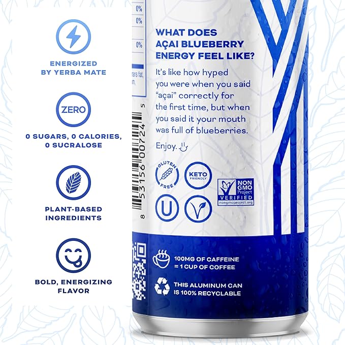 Yerbaé Energy Seltzer - Acai Blueberry No Sugar/Calories/Carbs. Energized by Yerba Mate Naturally Caffeinated Plant-Based Healthy Alternative to Coffee Sugary Sodas Pack of 12 12oz cans