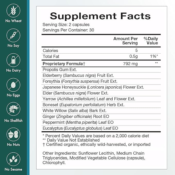 Natura Health Products Flew Away Supplement - Immune System Support &amp Seasonal Defense - Featuring Ginger Elderberry Propolis and Eucalyptus (60 Capsules)
