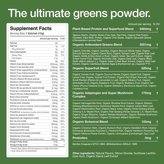 Huel Daily Greens Single Serve | Superfood Greens Powder | 91 Vitamins Minerals and Wholefood-Sourced Ingredients | Adaptogens Antioxidants Gut-Friendly Probiotics | 12 Pack