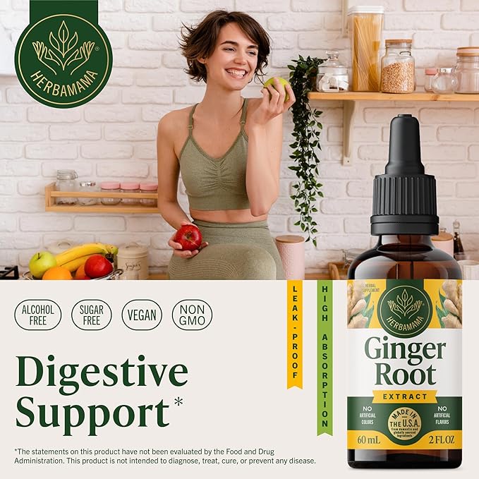 HERBAMAMA Ginger Drops - Vegan Digestive Support &amp Overall Well-Being with Ginger Root Extract Tincture - Non-GMO Alcohol &amp Sugar-Free Liquid Antioxidant Supplement 28-Day Supply