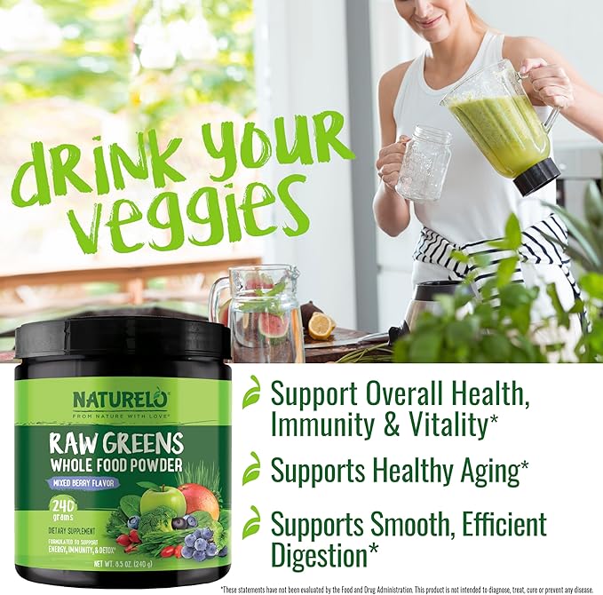 NATURELO Raw Greens Superfood Powder 240 Grams Mixed Berry - Supports Energy Immunity and Detox - Includes Spirulina Wheat Grass and Organic Greens for Whole Food Nutrition