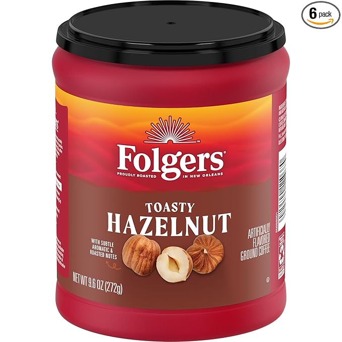 Folgers Toasty Hazelnut Flavored Ground Coffee Medium Roast 9.6 Ounce Canister (Pack of 6)
