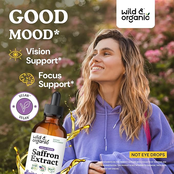 Wild &amp Organic Saffron Supplements 88.5 mg - 5-Month Supply - Saffron Extract Drops for Mood Focus Eye Support - Crocus Sativus Liquid Extract - Vegan Alcohol &amp Sugar-Free Tincture - 4 fl o