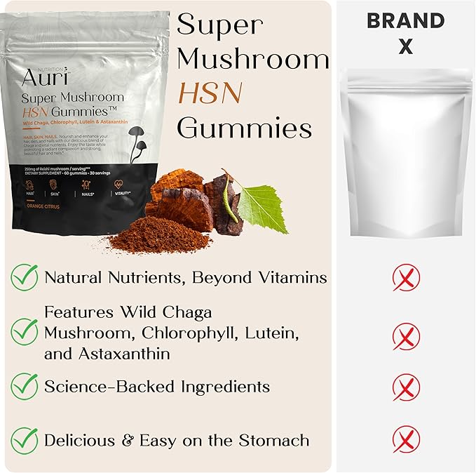 Auri Nutrition Super Mushroom HSN Gummies - Hair Skin and Nails Gummies Functional Mushrooms Supplement - with Wild Chaga Chlorophyll Lutein and Astaxanthin - 60 Orange Citrus Gummies