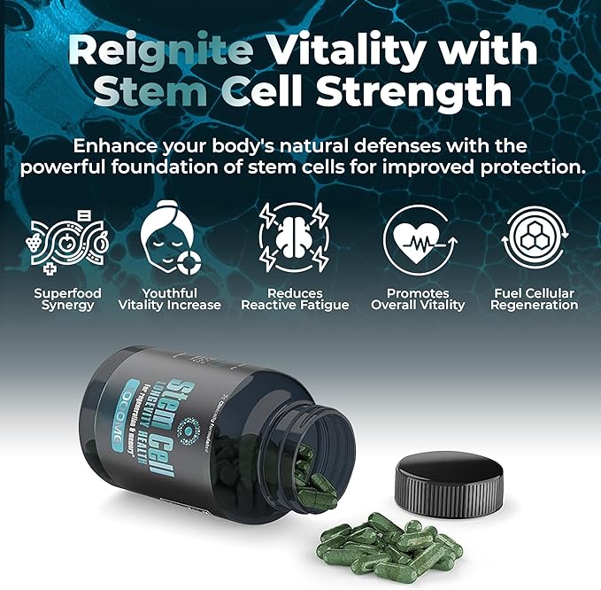 Premium Stem Cell Supplements 1000mg (120 Caps) Boost Immunity Reduce Joint Soreness Support Natural Anti-Aging &amp Longevity with Spirulina &amp Chlorella for Vitality Celulas Madre Health For