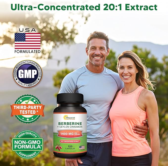 Berberine with Ceylon Cinnamon Supplement - 1400mg Per Serving Max Strength Complex - 120 Capsules - 1200mg Per Serving HCl Powder Extract Plus Pills - Alternative to Gummies &amp Drops