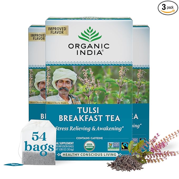 ORGANIC INDIA Tulsi Breakfast Herbal Tea - Black Tea Holy Basil Relieve Stress &amp Energize USDA Organic Non-GMO Caffeinated - 18 Bags 3 Pack