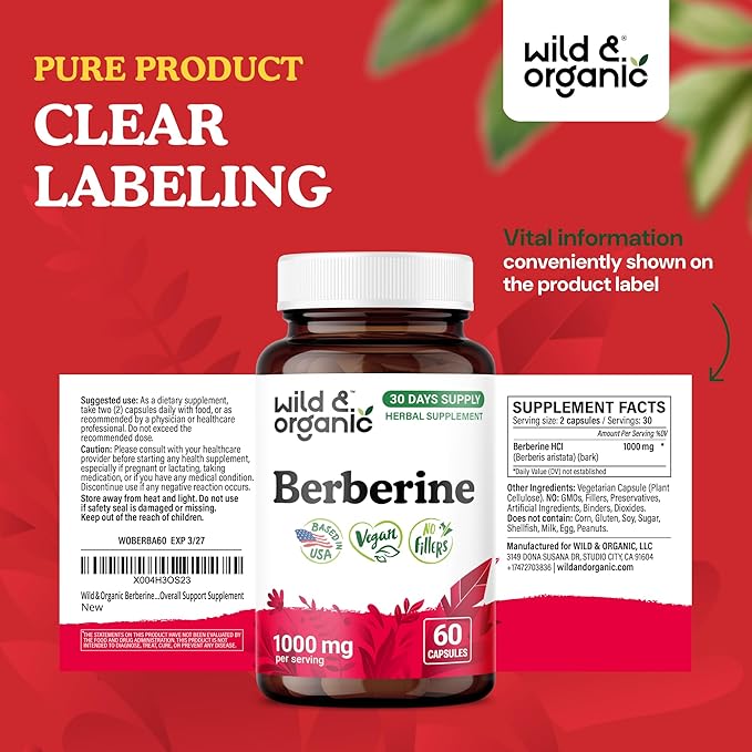 Wild &amp Organic Berberine Supplement Capsules 1000 mg - Antioxidant &amp Overall Support - Pure Berberine HCL Powder - Berberis Aristata Bark - Vegan No Fillers Non-GMO - 60 Count